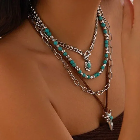 Women's Vintage Western Turquoise Beaded Western Cactus Cross Chain Necklaces - Picture 4 of 6